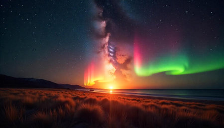 Spectacular Aurora Borealis Over Ocean and Grassy Beachの写真素材