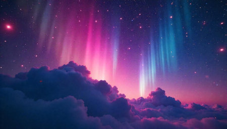 Dreamlike landscape with aurora borealis and clouds at nightの写真素材