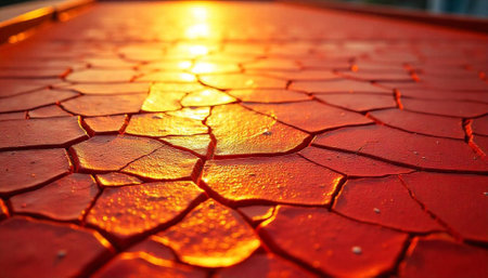 Abstract cracked surface with warm golden light reflecting offの写真素材