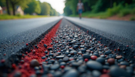 Perspective view of asphalt road with rocks and personの写真素材