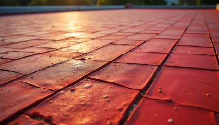 Red roof tiles with a sun glow at sunsetの写真素材