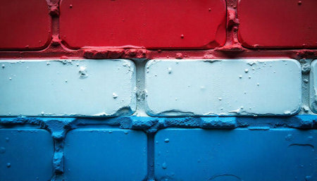 Red, white, and blue painted brick wall texture closeupの写真素材