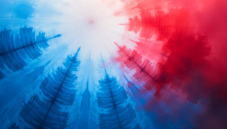 Abstract upward view of trees with red and blue