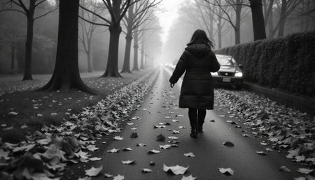 Woman walking down an autumn road in black and whiteの写真素材