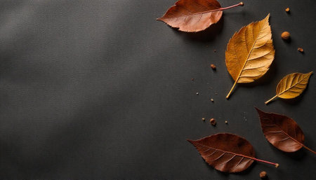 Autumnal leaves on dark background with generous copy space