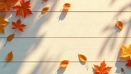 Autumn leaves on white wood creating seasonal background texture