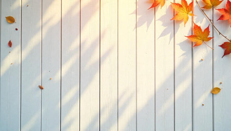 Autumn Leaves on White Wood Background with Sunlight Effectの写真素材