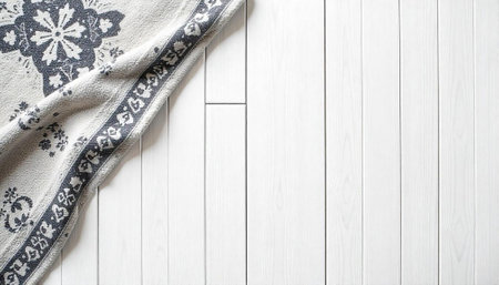 Textured rug with floral pattern on a white wooden surfaceの写真素材