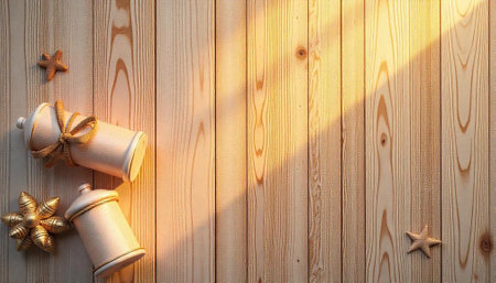 Wooden planks background with decorative containers and starfish elements