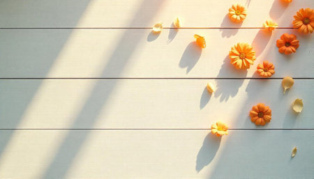 Orange daisies and petals on a light wooden surfaceの写真素材