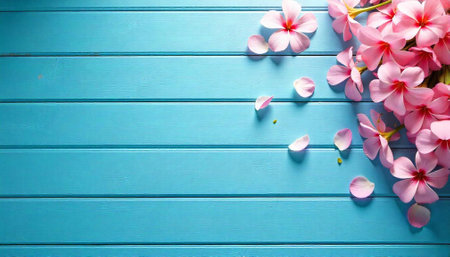 Pink blossoms and petals on light blue wooden surfaceの写真素材