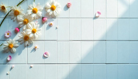 White daisies and pink petals on bright wooden surfaceの写真素材