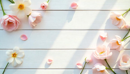 Delicate pink and white flowers on a white wood backgroundの写真素材
