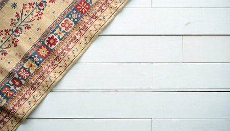 Ornamental rug over a white wooden surface, top viewの写真素材