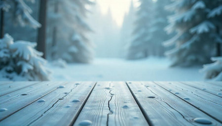 Serene winter scene with a wooden table foregroundの写真素材