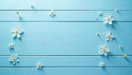 White blossoms on light blue wooden planks background design