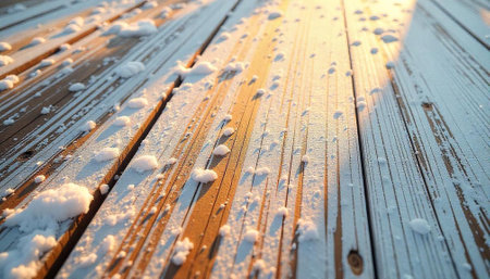 Snow covered wooden planks with golden sunlight backgroundの写真素材