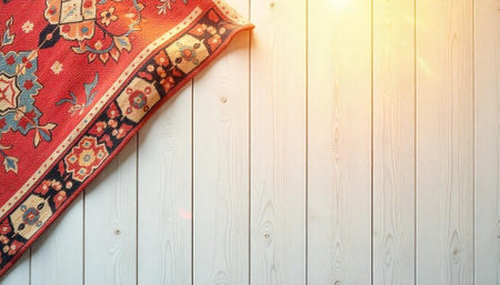 Vintage rug on white wooden surface with sunlight overlay