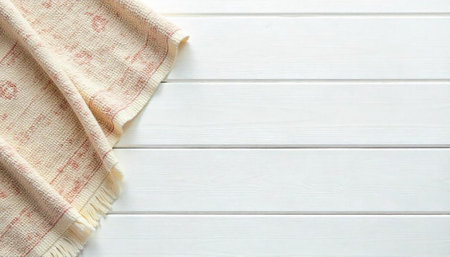 Cream and peach blanket on a white wooden backgroundの写真素材