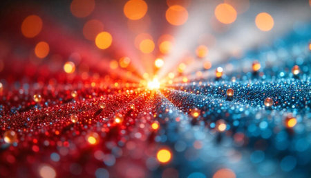 Abstract Red and Blue Sparkles Converging on a Central Lightの写真素材