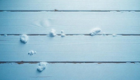 Light blue wooden planks with scattered snow fragments backgroundの写真素材