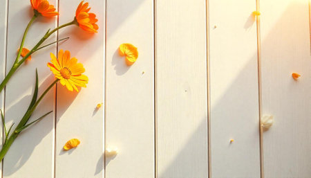 Bright orange flowers on white wooden surface with soft lightの写真素材