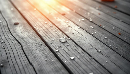 Raindrops on gray weathered wooden deck with light flareの写真素材