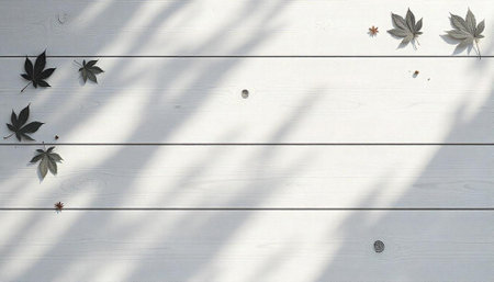 Autumn Leaves on White Wood Planks with Shadow Patterns