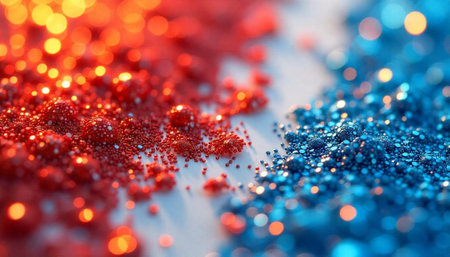Sparkling red and blue beads with bokeh lights effectの写真素材