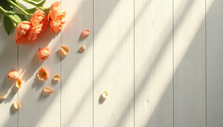 Delicate peach roses with petals on wooden table surfaceの写真素材