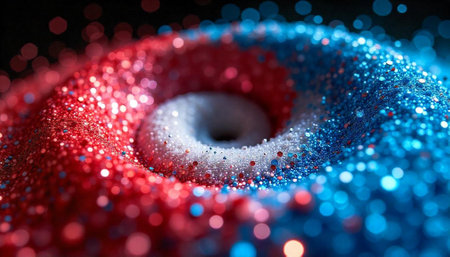 Abstract red white blue sparkling glitter vortex background designの写真素材