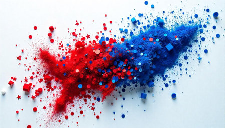 Abstract red and blue powder explosion on white background