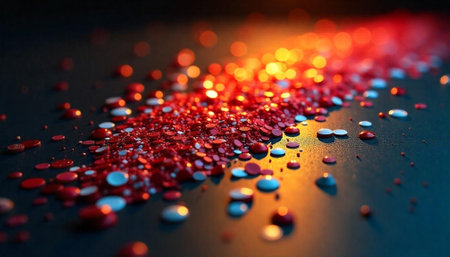 Red and white confetti with bokeh on dark surfaceの写真素材