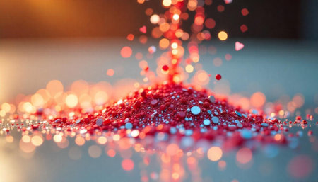 Festive red glitter pile with bokeh background effectの写真素材