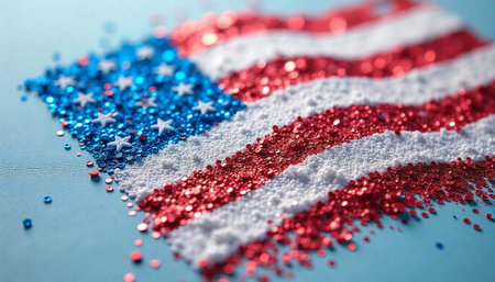 Glittering American flag made with vibrant red, white, blueの写真素材