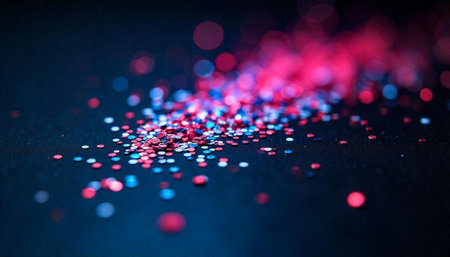 Red and blue confetti sparkles on a dark backgroundの写真素材