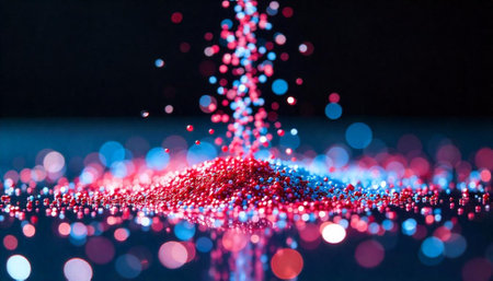 Abstract red and blue beads falling with bokeh effectの写真素材