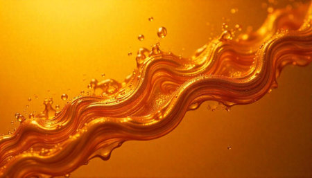 Golden viscous liquid wave with splashes and small bubblesの写真素材