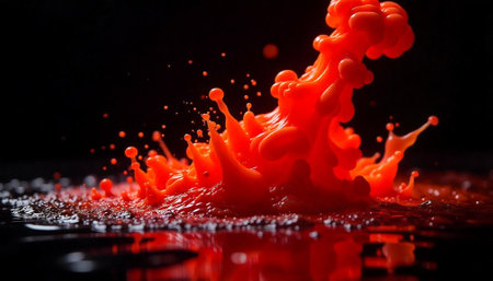 Vibrant orange paint explosion against a dark background textureの写真素材