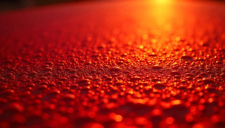 Abstract close up of glistening water droplets on red surfaceの写真素材