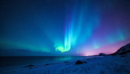 Aurora Borealis over a snowy beach at night in Norwayの写真素材