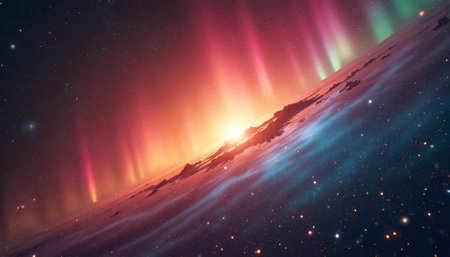Dramatic space scene with planet surface and aurora lights