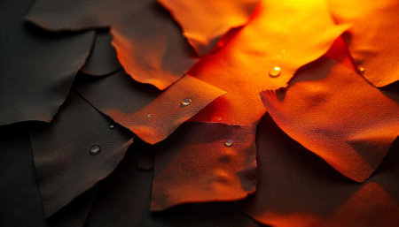 Abstract orange and gray folded fabric with water droplets