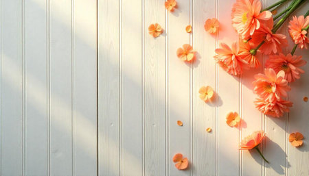 Floral composition with peach-colored blooms on rustic white woodの写真素材