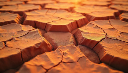 Cracked dry earth in hexagonal shapes at sunsetの写真素材