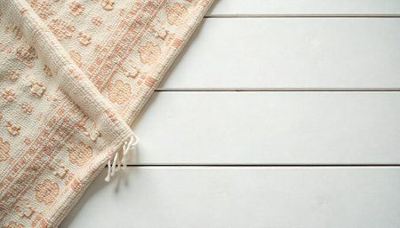 Textured rug on white wooden floor provides inviting backdrop