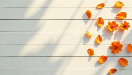Orange flower petals and blossoms on white wooden backgroundの写真素材