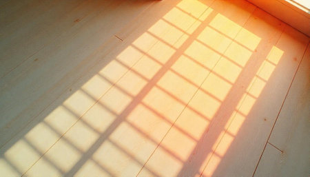 Warm sunlight creating window shadows on a wooden floorの写真素材