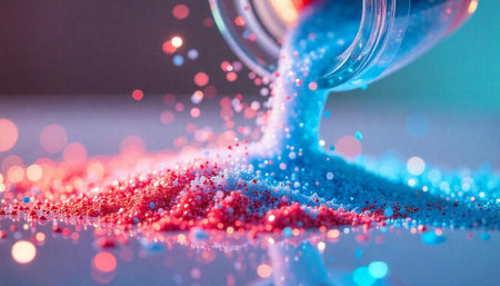 Red and Blue Powder Flowing from a Glass Bottle