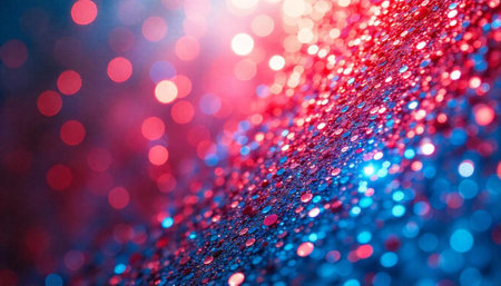 Abstract blurred background featuring vibrant bokeh lights in blue and redの写真素材